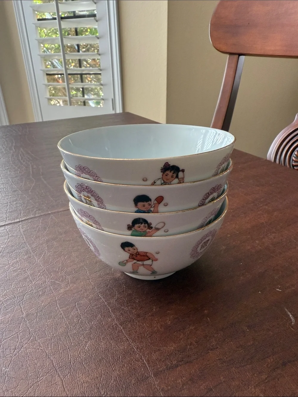 Vtg Liling China Porcelain Ping-Pong Design Chinese Rice Bowls - Set of 4